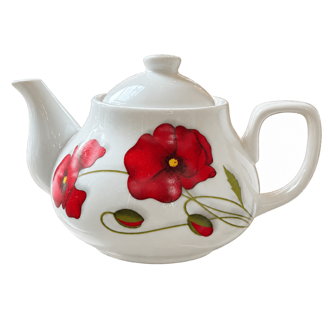 Weiße Teekanne mit einem Motiv aus roten Mohnblumen.